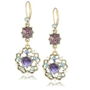 🆕 Betsey Johnson 💋 Gold-Tone Flower Medallion Crystal Drop Earrings